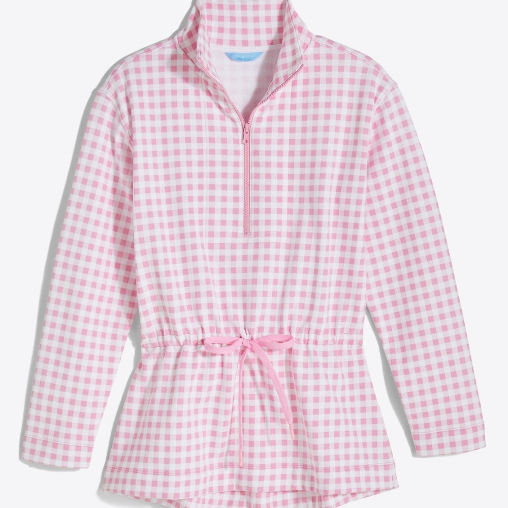 Draper James Cinch Waist Quarter-Zip in Pink Gingham size 1X
